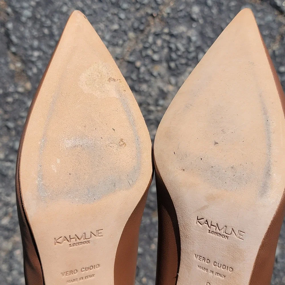 Kahmune London Tan Leather Pointed Toe Kitten Heel Pumps Made in Italy Size 9
